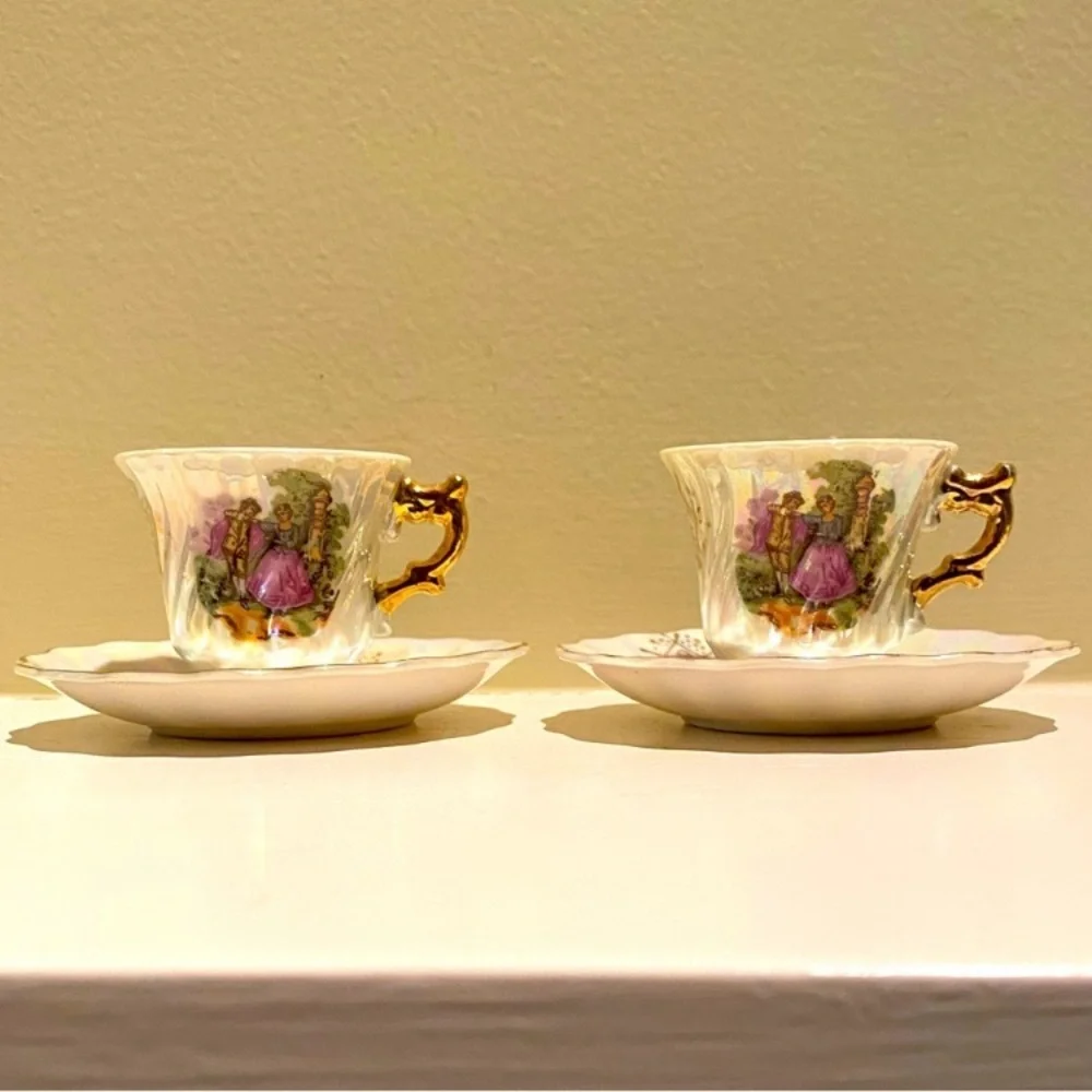 Victorian Lovers Teacups Courting Couple 1900s Japan 24K Gold Pearl Demitasse